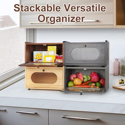Bread Box for Kitchen Countertop Storage Wooden Breadbox Holder Container Morden Rustic Fresh Bread Keeper Farmhouse Stackable Organizer Bin for Homemade Food Shelf Acrylic Window