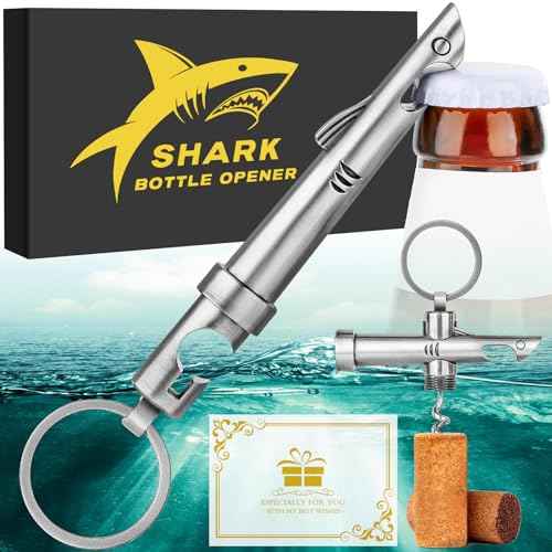 2-in-1 Shark Bottle Opener, Novelty Keychain Corkscrew Wine Opener, Beer Bottle Opener, Wine & Beer Gifts for Men, Father's Day Gifts, Christmas Gifts, Birthday Gifts, Dark Silver