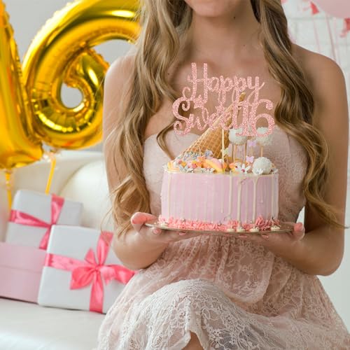 1Pc Happy Sweet 16 Cake Topper Rose Gold Glitter Sweet 16 Birthday Decorations Happy 16th Birthday Decorations for Girls Boys