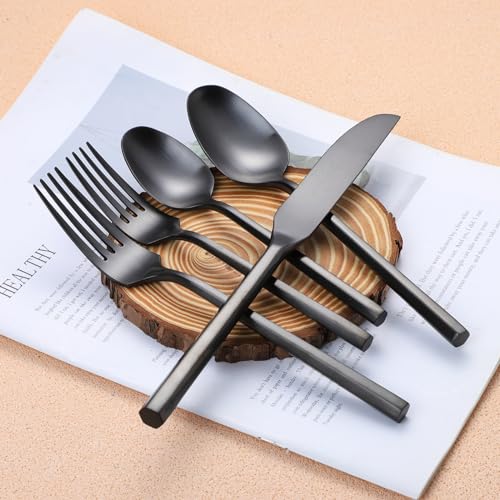 Matte Silverware Set Black Flatware Set with Hexagon Handle 20 Pieces 18