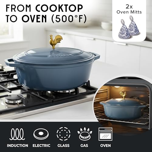 MUELLER HOME 5.5 Quart Enameled Cast Iron Oval Dutch Oven w Rooster Knob & Cotton Potholders