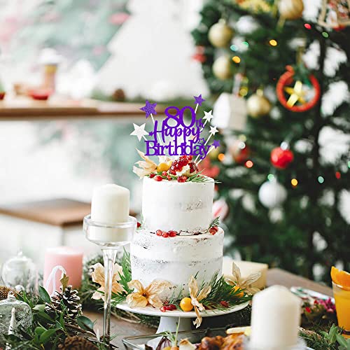 Purple Silver 80th Birthday Cake Topper with Glittery Stars (7 Count)