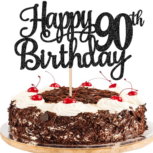 1 PCS Happy 90th Birthday Cake Topper Glitter Cheers to 90 Years Birthday Cake Pick 90 Fabulous Cake Decoration for Happy 90th Birthday Theme Party Decorations Supplies Black