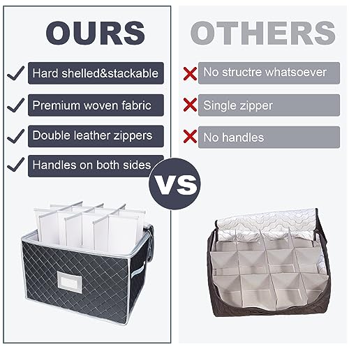 Wine Glass Storage Box with Dividers Holds 24 Stemware Storage Cases or China Crystal Glassware Containers with Handles and Lable Window (2 Count)