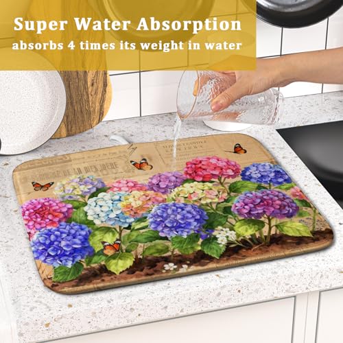 Vintage Hydrangea Dish Drying Mat Watercolor Floral Microfiber Absorbent Dish Drying Pad for Kitchen Counter Small