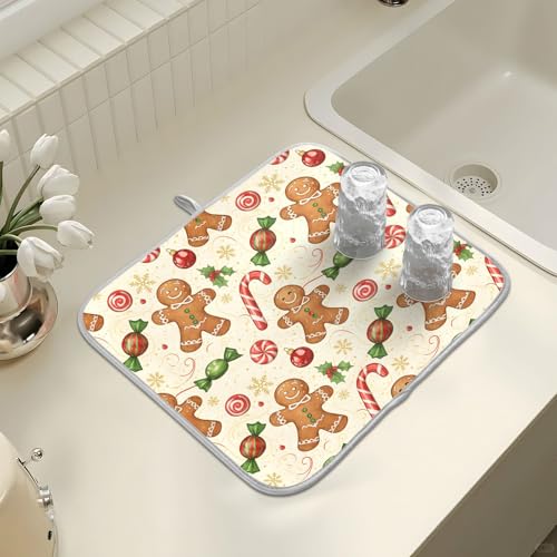 Christmas Gingerbread Cookie Man Sugar Dish Drying Mat for Kitchen Counter Absorbent Microfiber Small Drying Pad Dish Mats for Kitchen Countertops 16 x 18 Inch