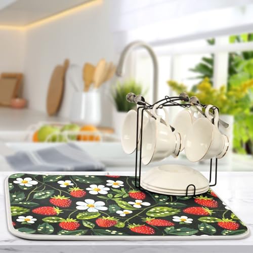 Strawberries White Flowers Dish Drying Mat for Kitchen Counter Absorbent Microfiber Drying Pad