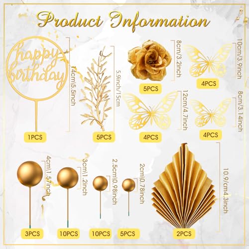52 Pcs Gold Happy Birthday Cake Topper Decoration Boho Wedding Cake Topper Rose Flower Butterfly Palm Leaves Balls Birthday Decoration for Women Men Party Decor