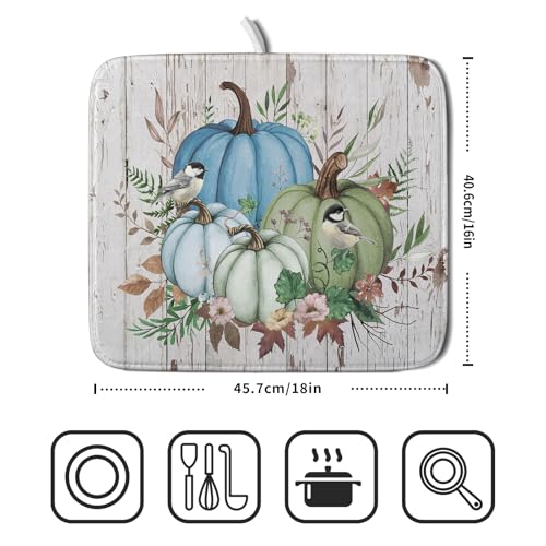 Fall Blue Pumpkin Dish Drying Mat 16x18 inch Autumn Harvest Dish Rack Mats Reversible Microfiber Drainer Pad for Kitchen Countertop Decor