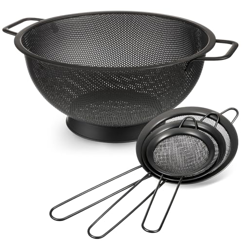 4 Quart Black Colander and 3 Metal Fine Mesh Strainer Set (4 Count)