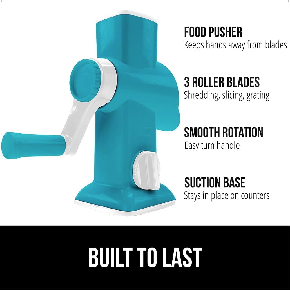 GORILLA GRIP BPA-Free Rotary Cheese Grater Hand Crank, Easy to Set Up, Strong Suction Base for Kitchen Countertop, Shred Potato, Vegetable, Nuts in Seconds, Round Mandoline Slicer, 3 Blades, Turquoise - Culinary Roots