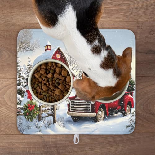 Red Truck Dish Drying Mat Winter Xmas Tree Drainer Rack Pad 16"x18" Microfiber Absorbent Quick Dry Dish Sink Mat for Table Kitchen Counter