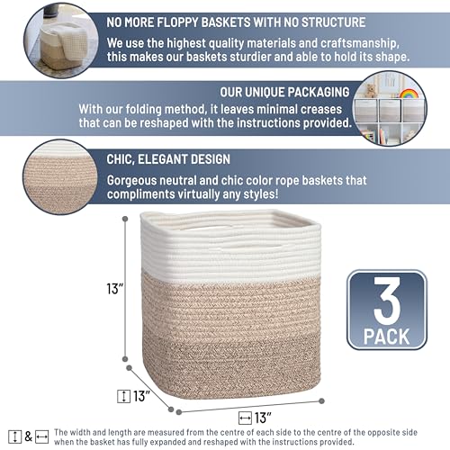13 Inch Cube Storage Bins Cotton Rope Woven Baskets for Organizing 3 (3 Count)