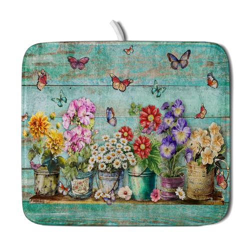 Flower Dish Drying Mat for Kitchen Counter 16x18 Inch Rustic Vintage Microfiber Absorbent Dishes Drainer Mats