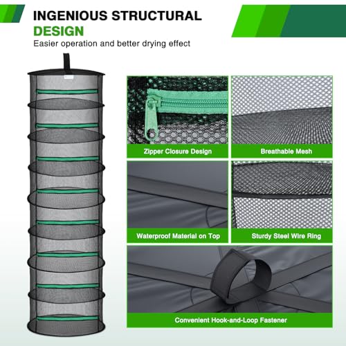 8 Layer Herb Drying Rack Hanging Mesh Net Foldable Plant Drying Racks 24" w Green Zipper Pruning Shears Hook Dryer Hanging Rack for Herbs Seed Bud Fruit Clothes Grow Tent Closets Garden Outdoor