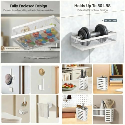 5-in-1 Wide Wall Mount Wrapped Mesh Kitchen Organizer & Shower Caddy Kit, with Paper Towel Holder, Utensil Holder, Soap Dish, Heavy Duty 50LBS - White, Netting