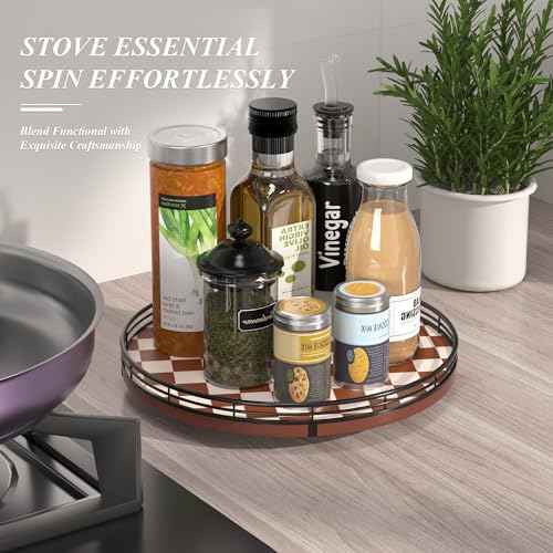12 Inch Brown Checkerboard Lazy Susan with Black Metal Rail