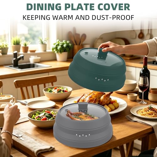 Tall Microwave Splatter Cover Glass Cover Guard Lid 5.8 inch Height with Collapsible Silicone for Food Pot Plate 10.5 inch Dark Green