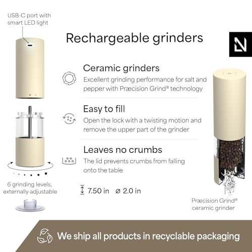 Electric Salt and Pepper Grinder Set I Automatic Salt and Pepper Mills with Adjustable Ceramic Grinder I USB Rechargeable Electric Spice Mill Set with LED Light