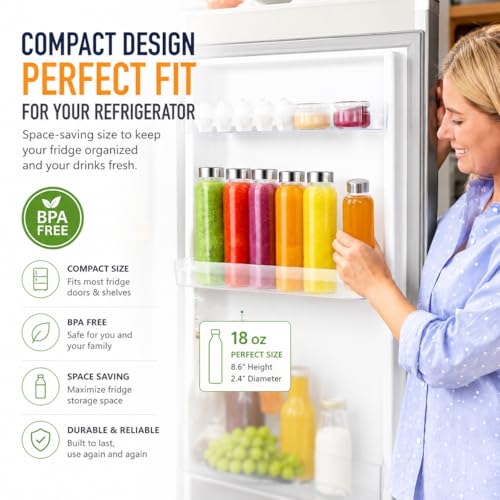 18 oz Clear Glass Juice Bottles with Stainless Steel Lids Leak Proof (6 Count)