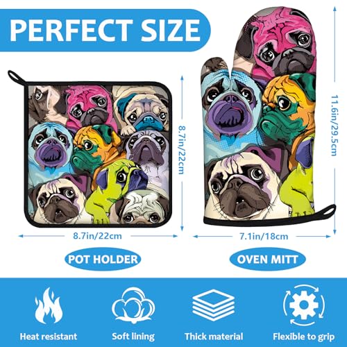 Colorful Pug Dog Face Oven Mitts and Pot Holders Sets Heat Resistant 4Pcs Potholders Oven Gloves Hot Pads for Kitchen Baking Cooking Grilling BBQ (4 Count)