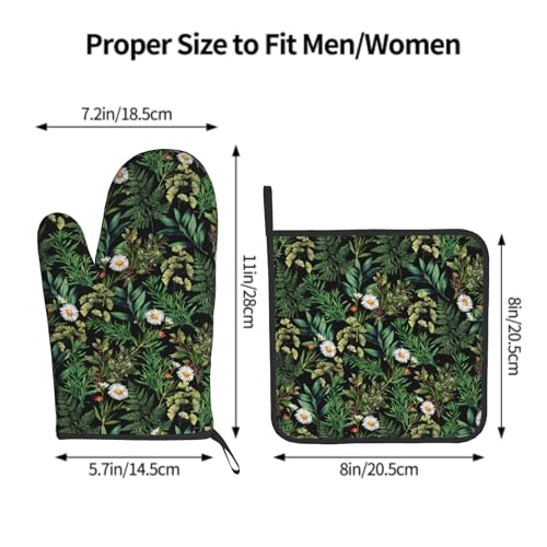 Green Botanical Oven Mitts and Pot Holder Kitchen Accessories Sets Fern Leaves Heat Resistant Baking Cooking Oven Gloves Washable Potholder