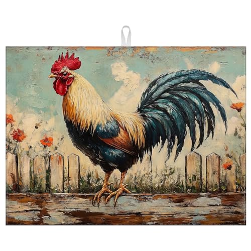 Vintage Rooster Dish Drying Mat for Kitchen Counter Microfiber Absorbent Dish Kitchen Drying Mat Draining Reusable Washable for Dishes