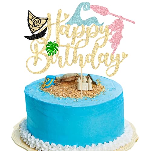 1Pcs Summer Cake Topper Glitter Tree Flower Happy Birthday Cake Pick Decoration for Tropical Hawaiian Luau Theme Baby Shower Kids Birthday Party Cake Decorations Supplies Gold