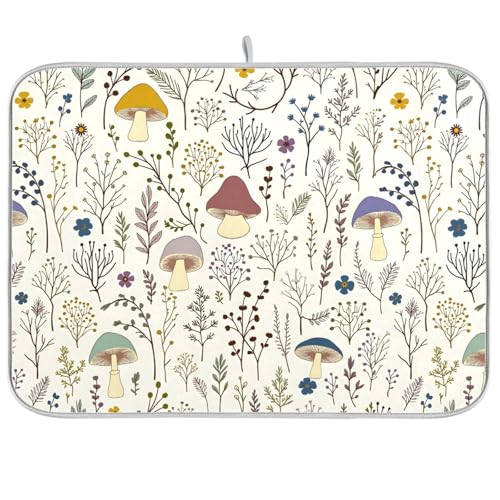 Cute Mushroom Wild Plant Dish Drying Mat for Kitchen Counter Absorbent Microfiber Drying Pad