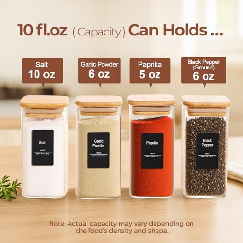 Square Glass Spice Jars with Labels 10 oz 12 Pack with Bamboo Lids (12 Count)