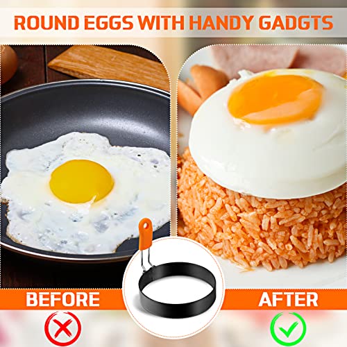 6 Pcs Professional Egg Ring Pancake Ring Set Stainless Steel Fried Egg Molds Griddle Pancake Shapers with Orange Silicone Handle for Breakfast Omelette Sandwich
