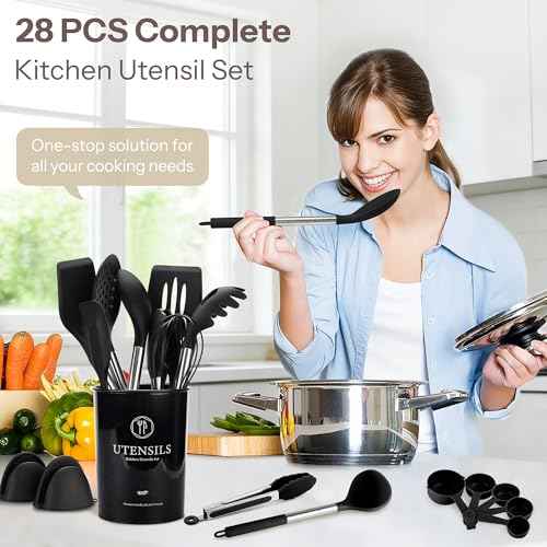 28 Piece Silicone Kitchen Utensils Set with Stainless Steel Handles (28 Count)