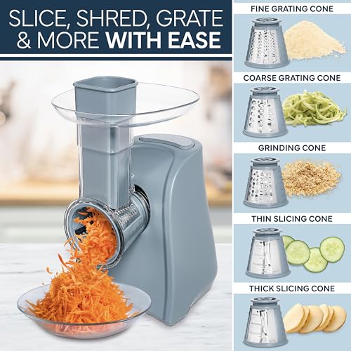 5-in-1 Electric Slicer, 150W Food Prep Machine – Parmesan Shredder, Fine & Coarse Graters, Potato Grater, Vegetable Slicer, Compact Design for Bowl Prep, Blue/Grey