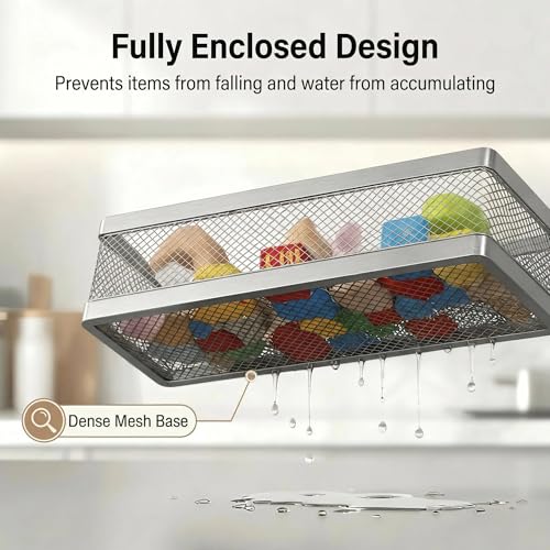 5-in-1 16.5" Extra Long Slim Wall Mount Wrapped Mesh Kitchen Organizer & Shower Caddy Kit, with Paper Towel Holder, Utensil Holder, Soap Dish, Holds 50LBS - Silver Gray, Netting