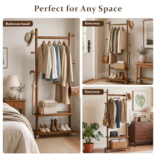 Coat Rack Freestanding Solid Wood Clothes Rack with Wheels