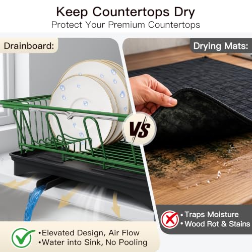 Green Dish Drying Rack in Sink with Drainboard and Utensil Holder