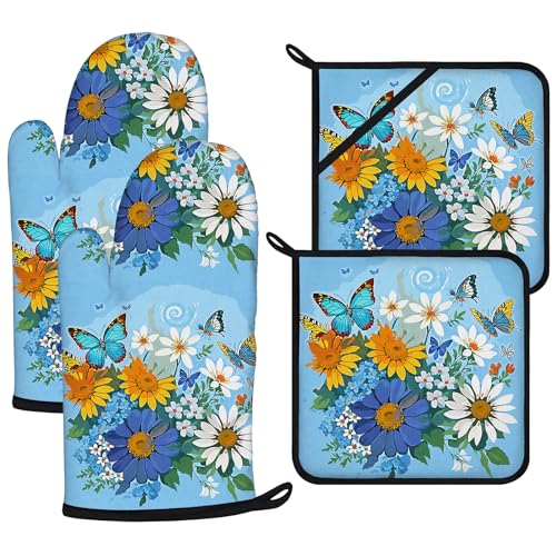 Sunflower Butterfly Oven Mitts and Pot Holders Sets 4Pcs