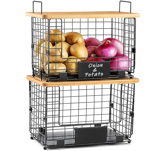 2 Set XL Stackable Wire Basket with Bamboo Tops & Tags (2 Count)