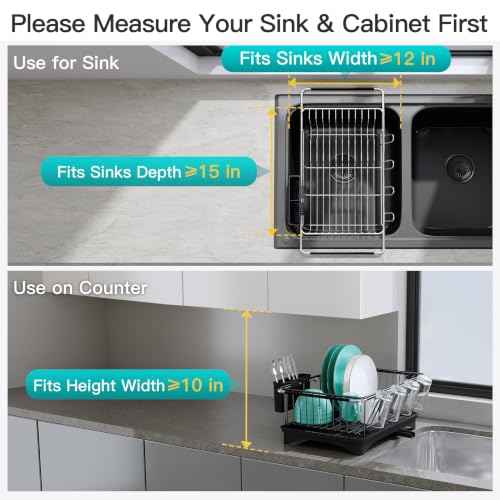 Black Dish Drying Rack in Sink with Drainboard and Utensil Holder