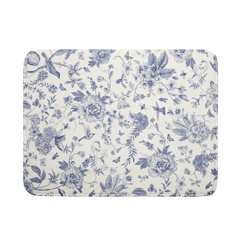 Chinoiserie Flower Dish Drying Mat Blue Leaves Dishes Drying Pad Reusable Washable Kitchen Countertop Protector Dish Drainer Mat 18x24 Inch