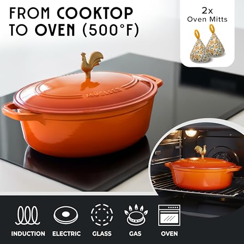 MUELLER HOME 5.5 Quart Enameled Cast Iron Oval Dutch Oven w Rooster Knob & Cotton Potholders