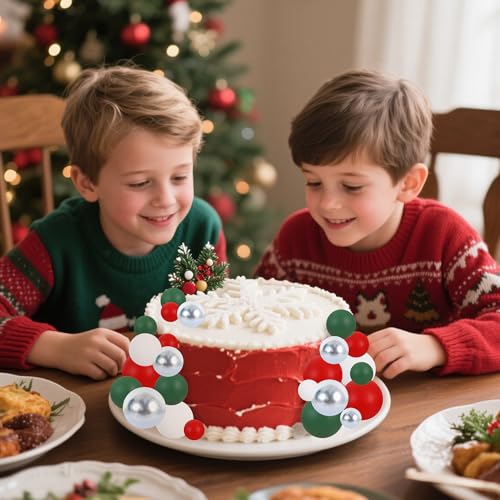 40 Pcs Ball Cake Toppers Red Green White Silver Sticks Foam Balls DIY Cake Topper Insert Balls Cake Decorations for Baking Christmas Party Decorations (40 Count)