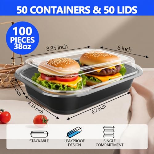50 Pack (100-Piece) - 38oz Meal Prep Containers Salad & Snack Storage for Lunch | BPA Free & Leakproof Food Containers | To Go Take Out Plastic Bento Box | Microwave, Freezer, Dishwasher Safe (50 Count)