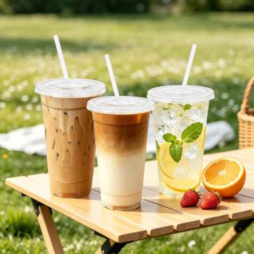 100 Pack 24 oz Clear Plastic Cups with Lids and Straws Disposable (100 Count)