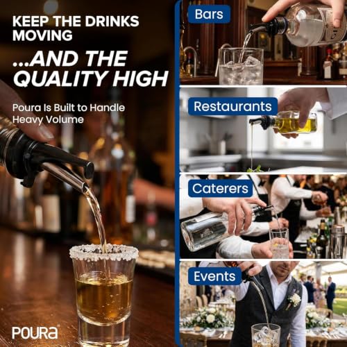 3-in-1 Liquor Pour Spout | Olive Oil Spout with Built-in Caps for Optimal Fly and Dust Protection - Dishwasher Safe, Hygienic Alcohol Speed Spouts - Black 2 PCs with 2 Adapters for Large Neck Bottles (4 Count)