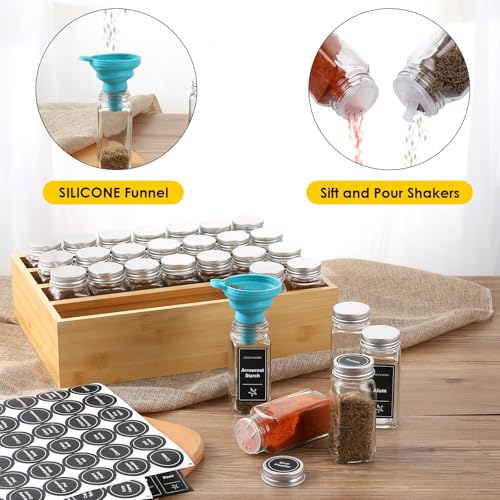 Bamboo Spice Rack Organizer With 28 Glass Spice Jars 4 oz (28 Count)
