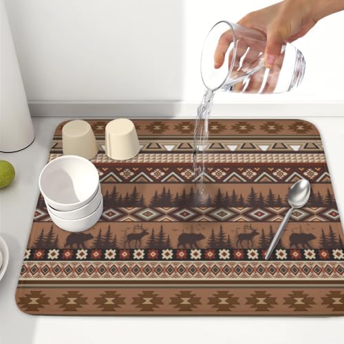 Rustic Bear Deer Dish Drying Mat Boho Ethnic Drainer Rack Pad 16x18 Inch Microfiber Absorbent Dish Sink Mat for Counter Kitchen Tableware