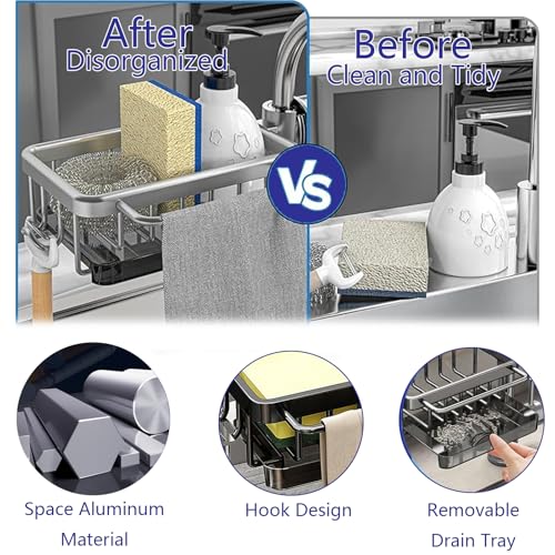 Kitchen Sink Faucet Organizer Multifunction Sponge Holder Organizer Sink Drain Holder Over Faucet Kitchen Sink Caddy with Hook Adjustable for 0.7