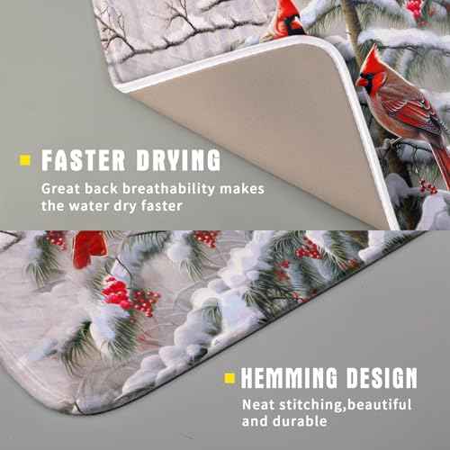 Red Birds Dish Drying Mat Winter Berry Dish Drainer Mats Absorbent Reversible Microfiber Kitchen Countertop Protector Dishes Pad 16x18 inch
