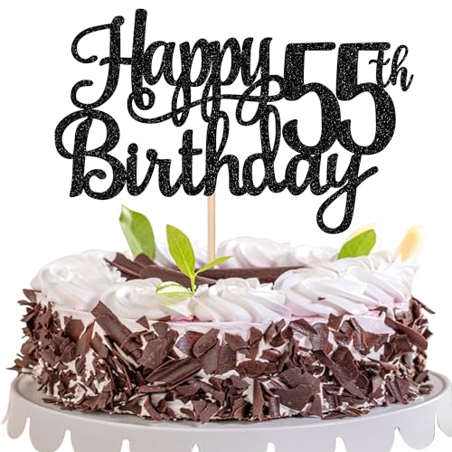 1 PCS Happy 55th Birthday Cake Topper Glitter Cheers to 55 Years Birthday Cake Pick 55 Fabulous Cake Decoration for Happy 55th Birthday Theme Party Decorations Supplies Black